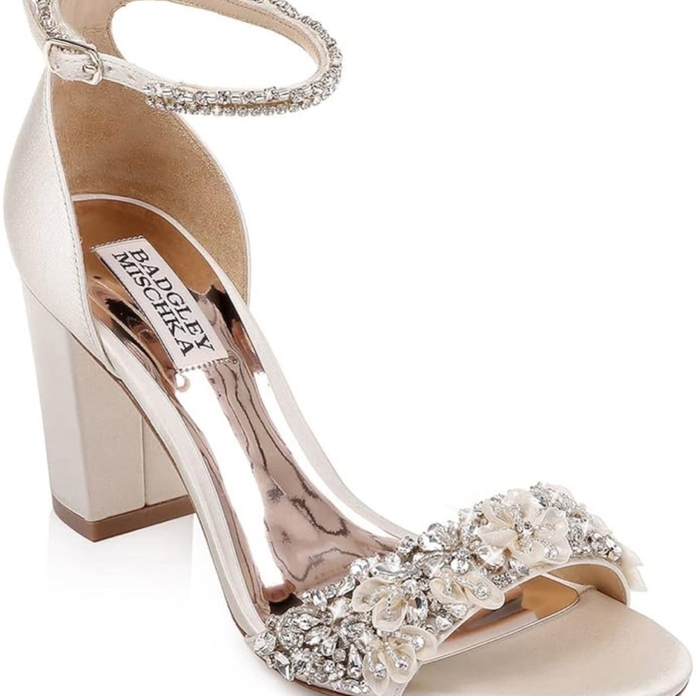 Badgley Mischka Cream Embellished Block Heels